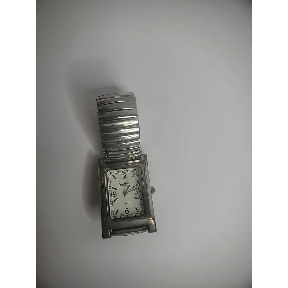 Vintage Sheffield Wristwatch Watch Silver Tone Elastic‎ Metal Band Womens